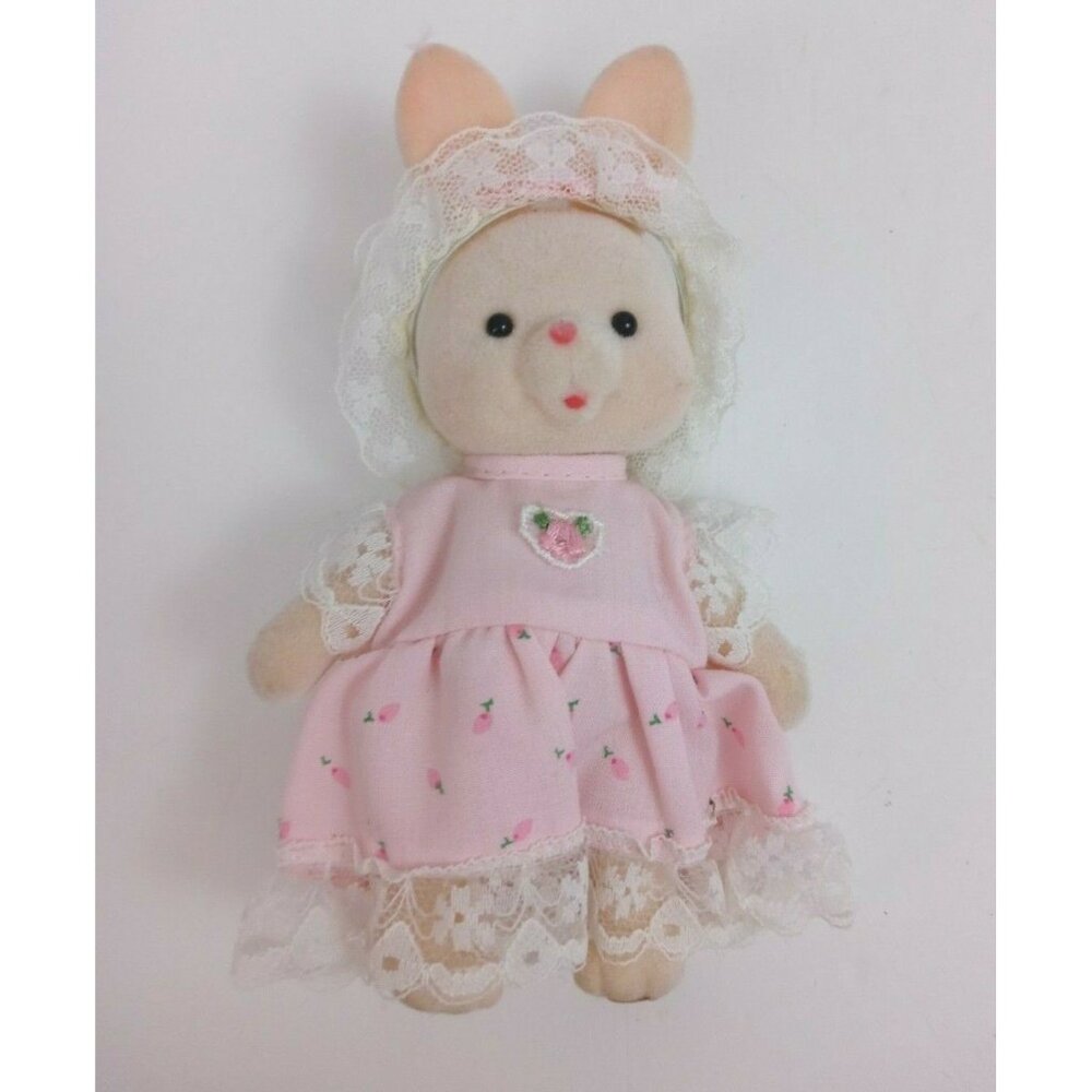 Vintage 1985 Enesco Giftware Imports Flocked Bunny In Pink Floral Dress 5.5"